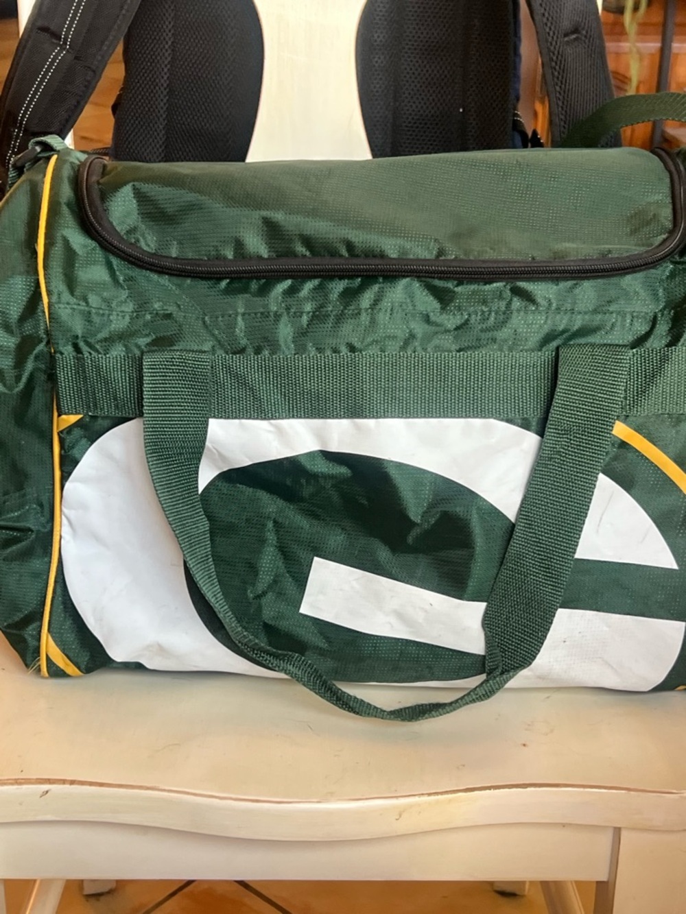 Green Men's Duffel Bag with White Graphic Accent and Yellow Trim